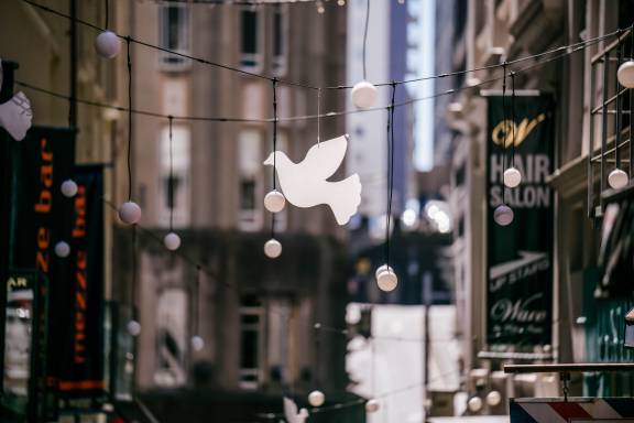 Doves and Globes decorations in the city centre.jpg Doves and globes