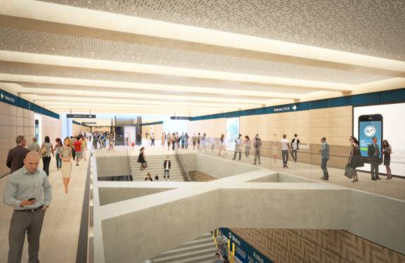 Aotea Station, showing the sky lights on upper level. Image: cityraillink.co.nz
