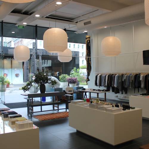 Garments and accessories displayed in showroom