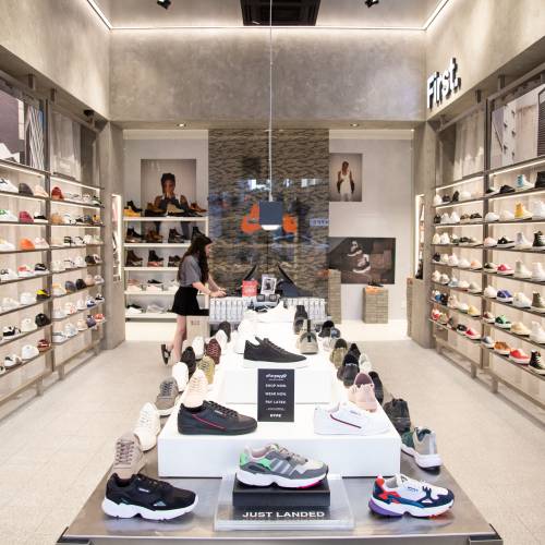 Wide view of shoe showroom