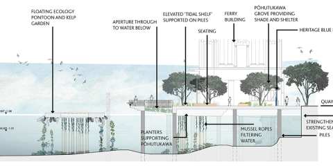 Artists impression of a cross section of the downtown public space both above and below the tidal line.