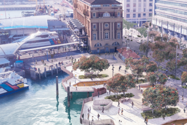 Detail showing the new Downtown public space - with landscaped areas to spend time reaching out over the harbour - on Quay Street, next to the Ferry Building.