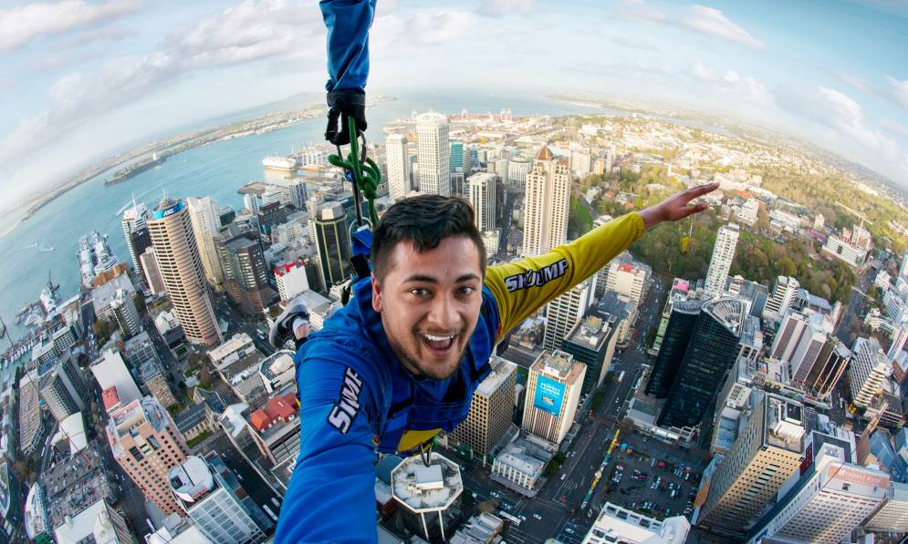 Person jumping from Sky Tower