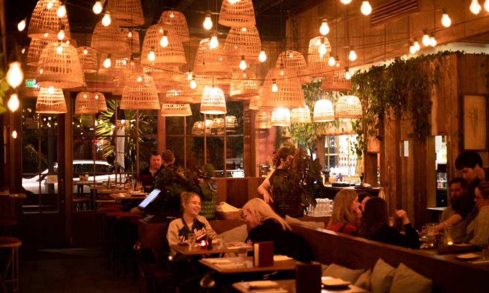 Interior of dim lit restaurant