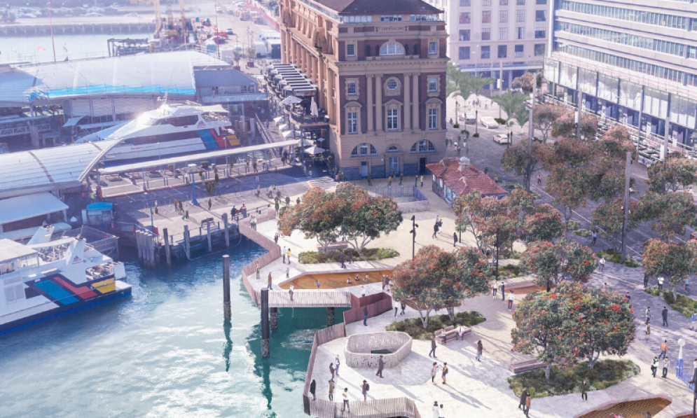 Detail showing the new Downtown public space - with landscaped areas to spend time reaching out over the harbour - on Quay Street, next to the Ferry Building. 