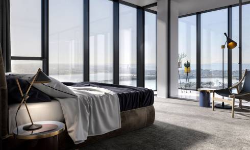 Luxury apartment bedroom with stunning view 
