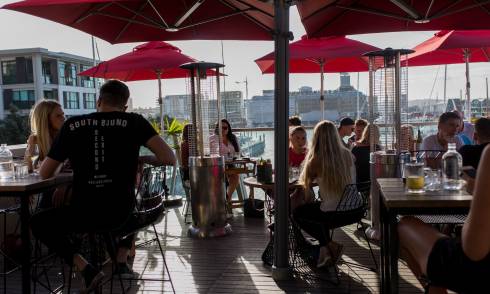 People enjoying roof top deck
