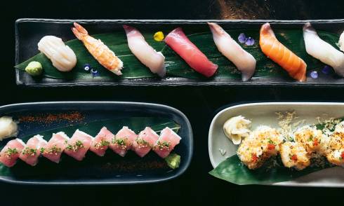 Assortment of platted seafood