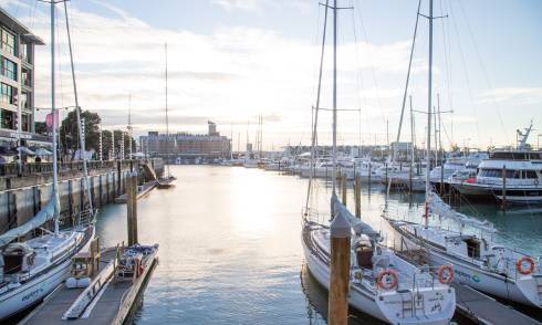 Waterfront with sails and sea
