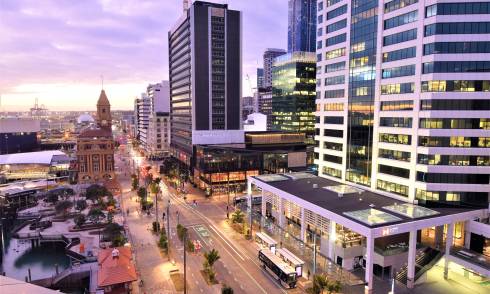 Aerial image of Quay St at dawn - Photo credit Auckland Transport