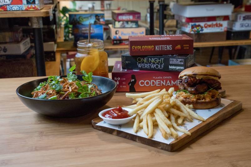 Food and board games on a table