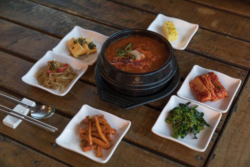 Plates of food on table