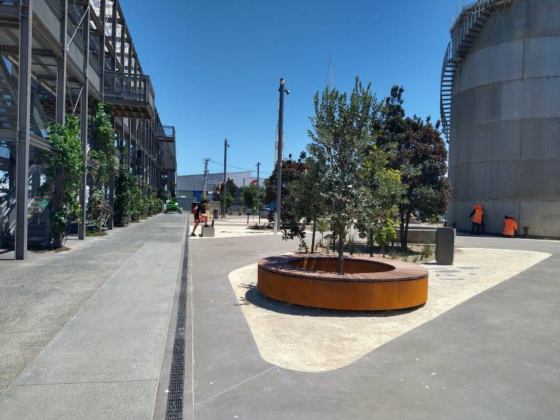 Silo Park extension. An industrial looking public space with seating, trees and storage siloes as a nod to the spaces former maritime use.