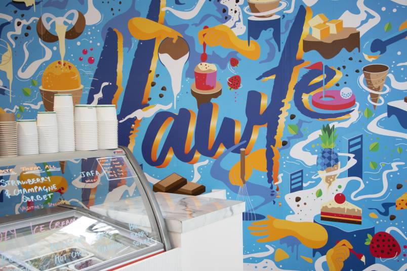 Ice cream in front of a painted wall