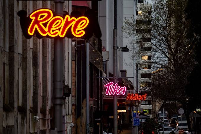 Te reo words – neon art on Lorne Street